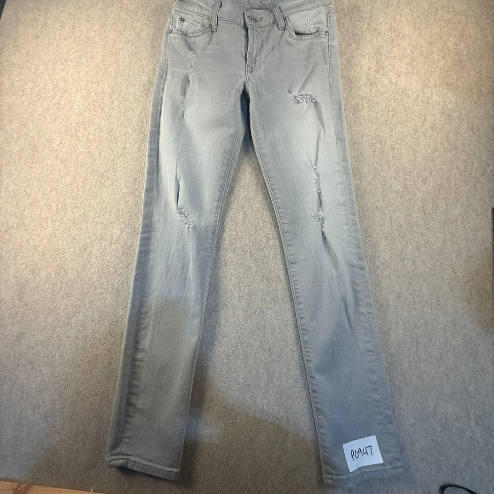 7 For All Mankind Grey Distressed Skinny Jeans Size 27 Ripped Mid Rise Stretch